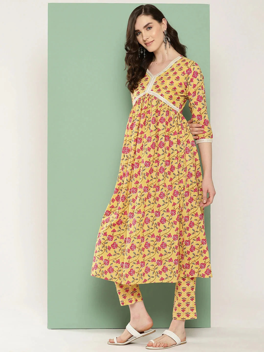 Yellow Floral Printed Regular Pure Cotton Kurta with Trousers & With Dupatta Set-Indiakreations-JS1335SKDYLS