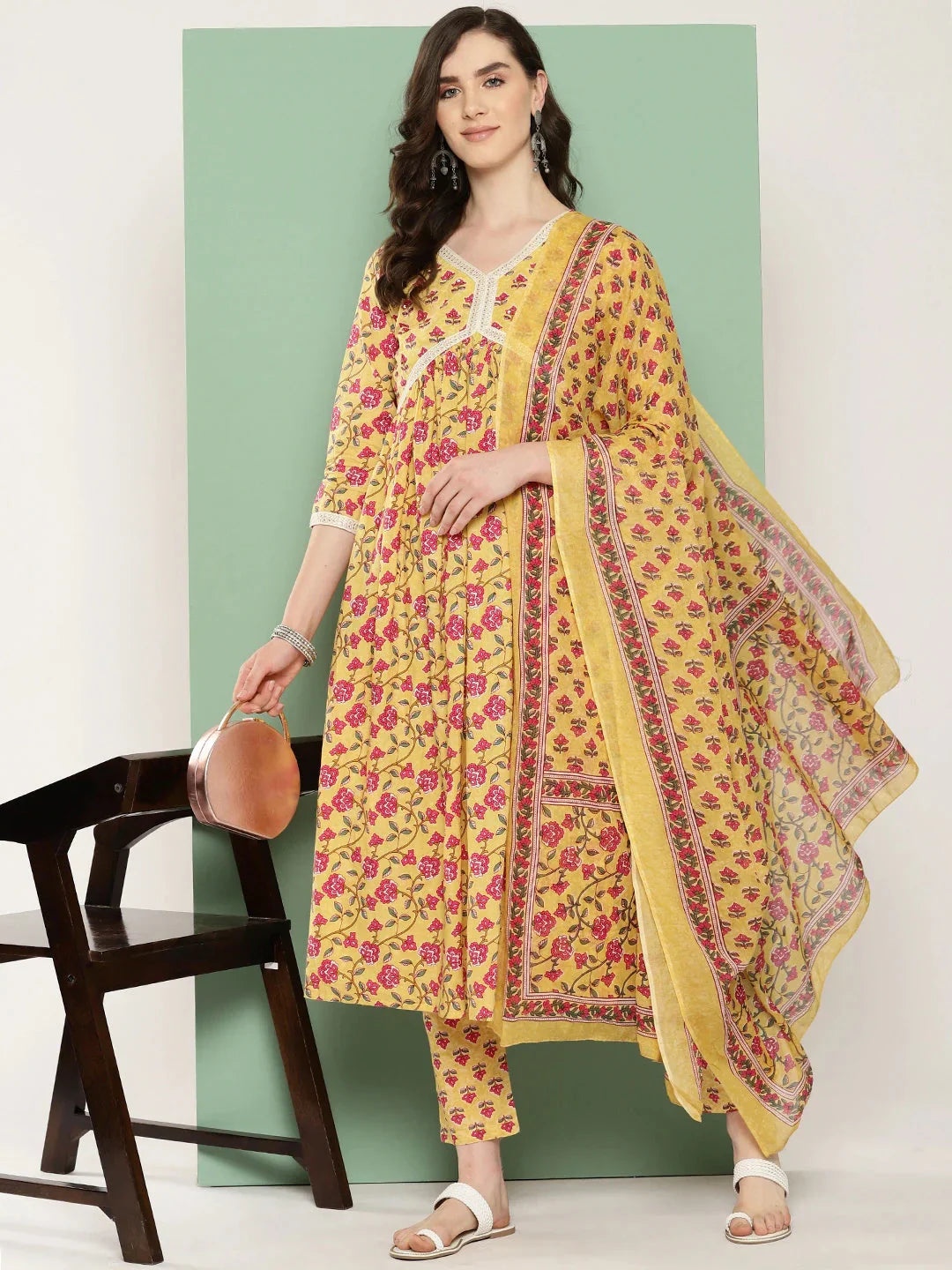 Yellow Floral Printed Regular Pure Cotton Kurta with Trousers & With Dupatta Set-Indiakreations-JS1335SKDYLS