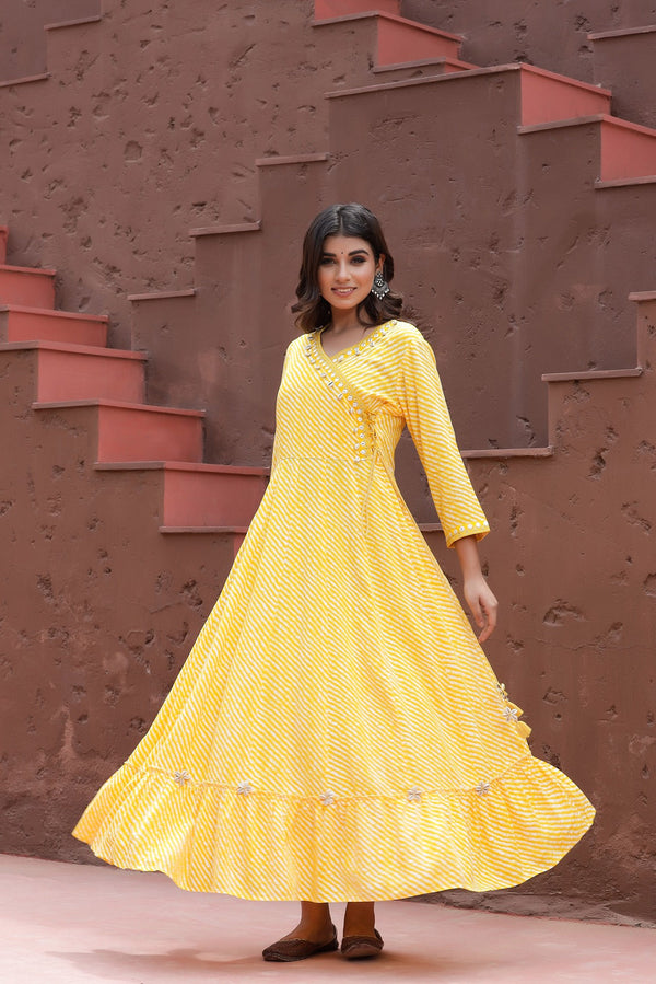 Yellow Lehariya Printed Dress-Indiakreations-JS9201DRSYLS