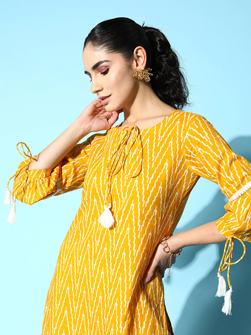 Yellow Printed Kurta-Indiakreations-JS8168KURYLXS