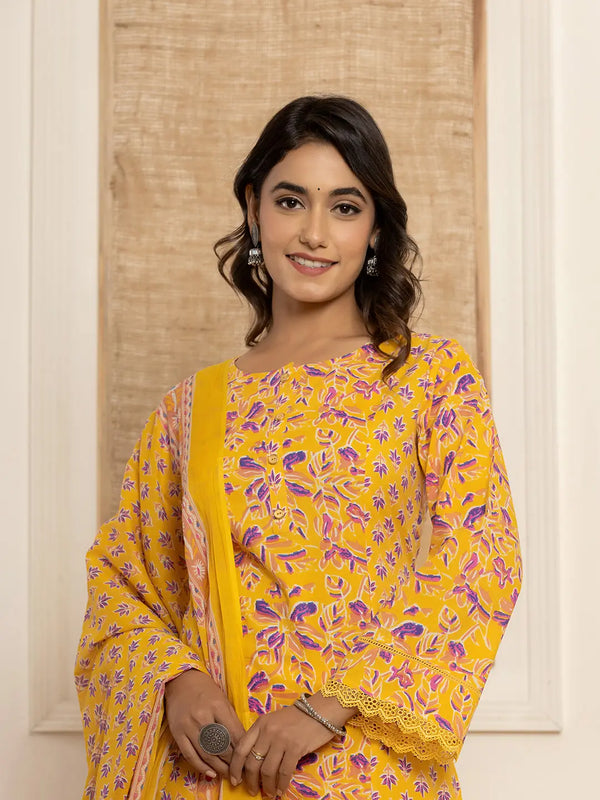 Yellow Printed Pakistani Style Kurta And Trousers With Dupatta Set-Indiakreations-JS1016SKDYLS