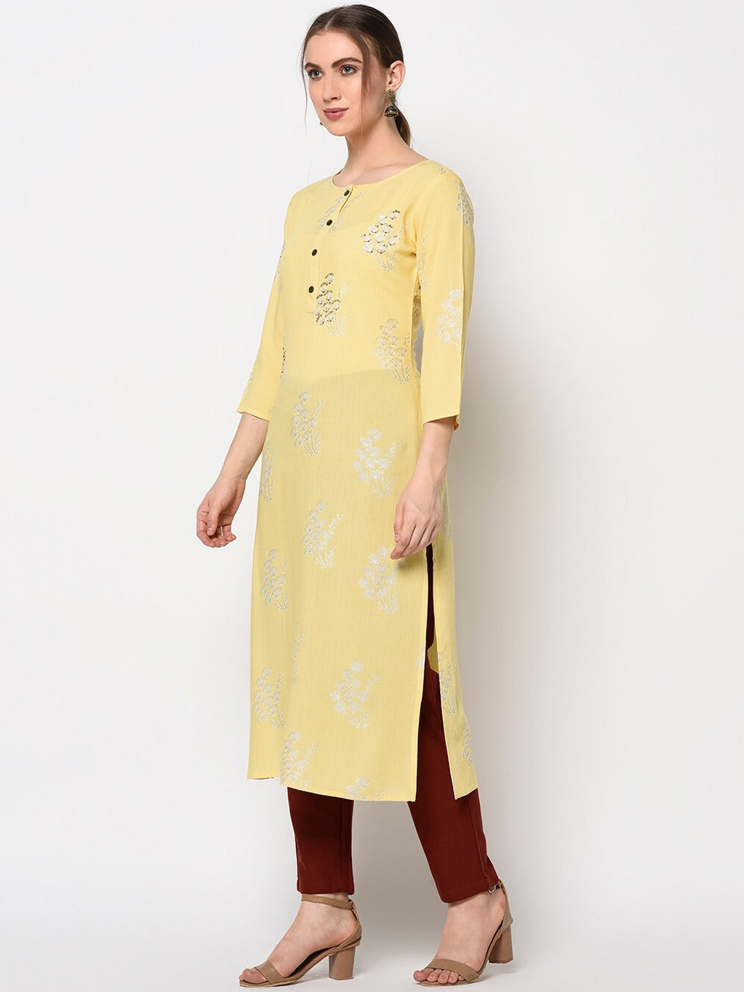 Yellow Printed Straight Kurta-Indiakreations-JS7369KURYLS