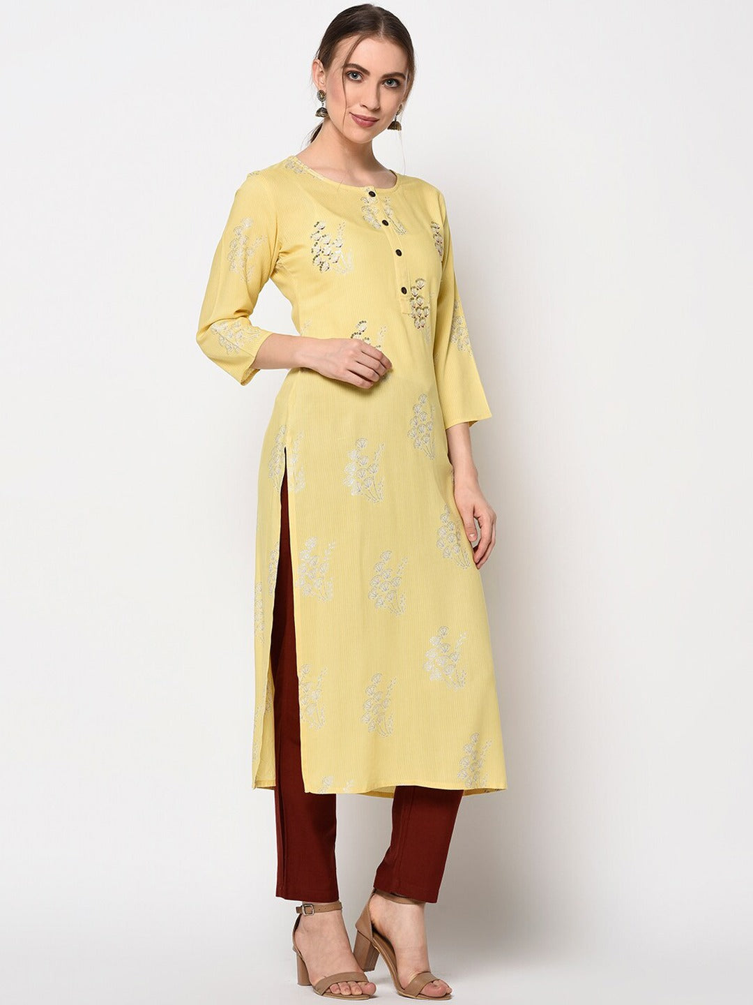 Yellow Printed Straight Kurta-Indiakreations-JS7369KURYLS