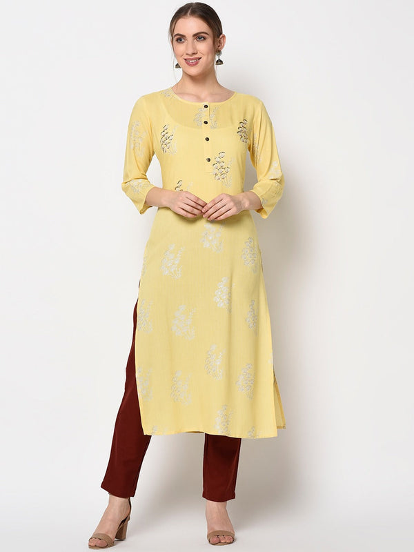 Yellow Printed Straight Kurta-Indiakreations-JS7369KURYLS