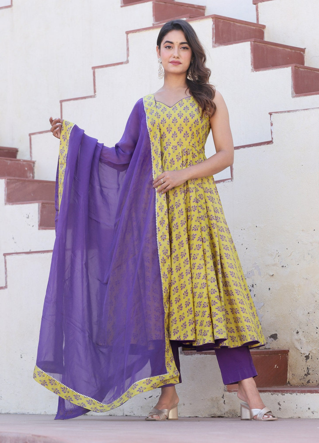 Women's Yellow Purple Fhool Anarkali Suits - Lado Jaipuri