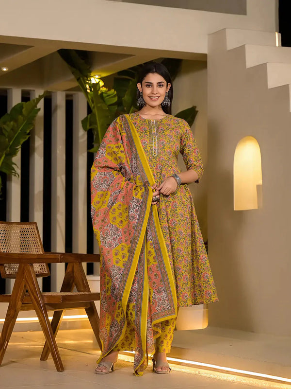 Yellow Thread Work Cotton Anarkali Style Kurta And Trousers With Dupatta Set-Indiakreations-JS6902SKDYLS