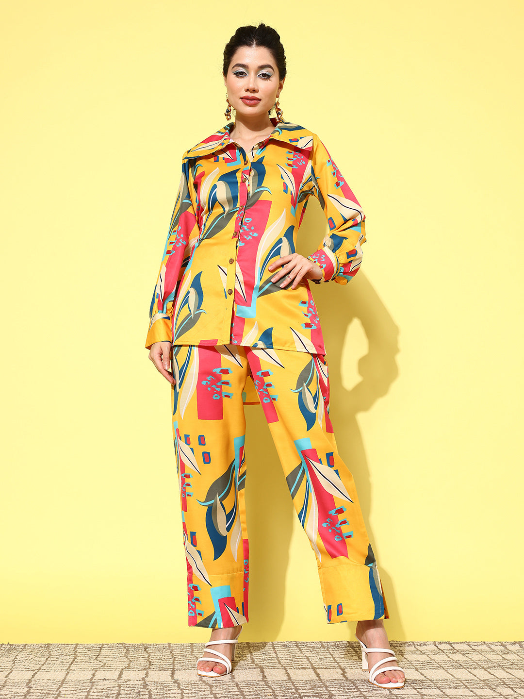 Yellow and Pink Printed Satin Co-Ords-Indiakreations-JS1433CRDYLS