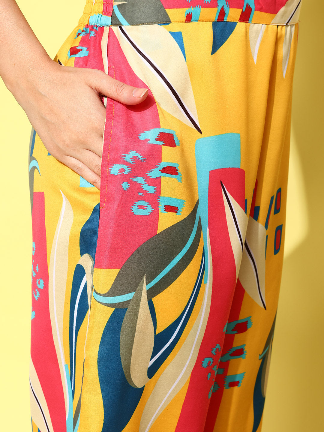 Yellow and Pink Printed Satin Co-Ords-Indiakreations-JS1433CRDYLS