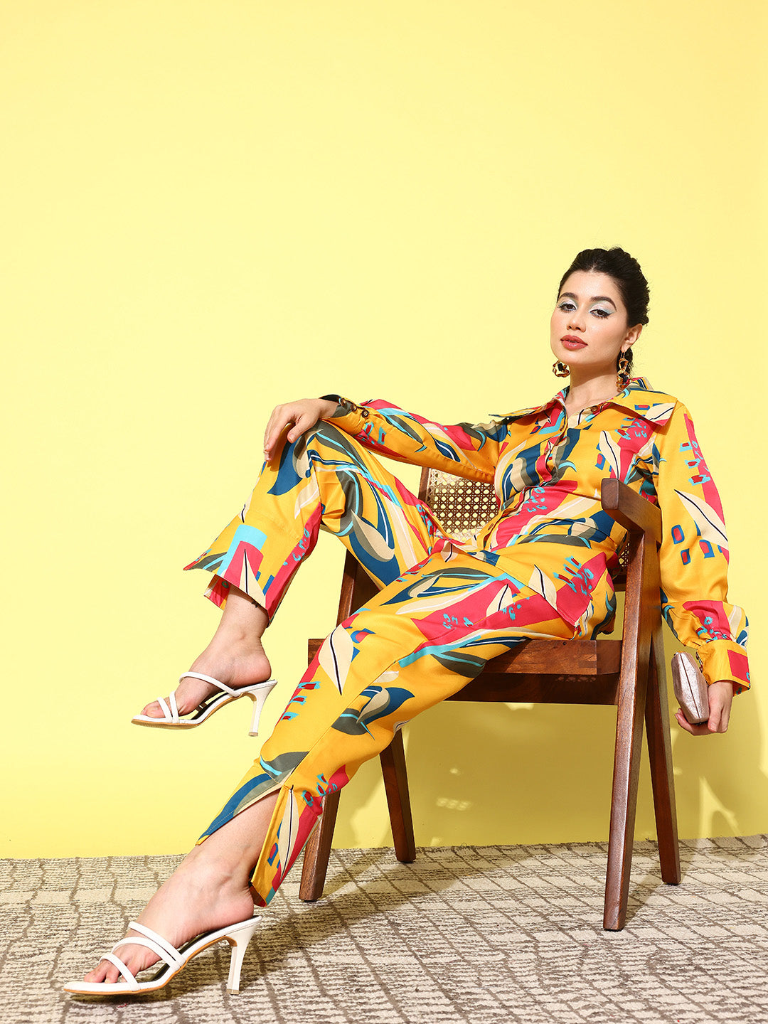 Yellow and Pink Printed Satin Co-Ords-Indiakreations-JS1433CRDYLS