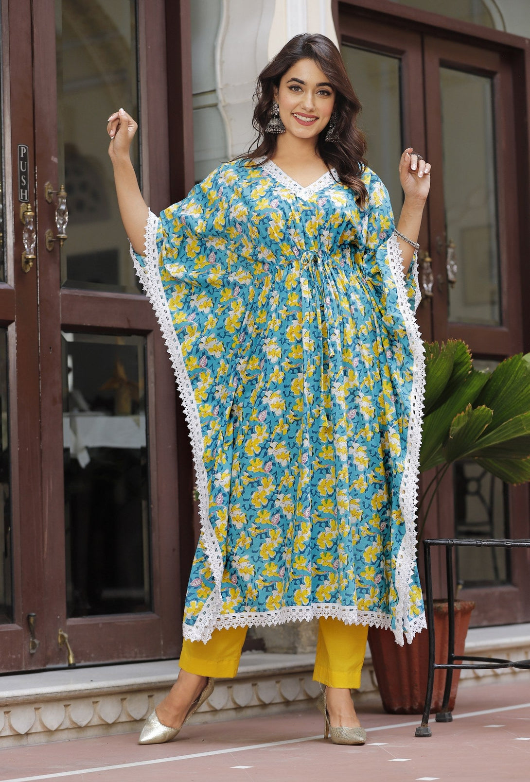 Women's Yellow Phool Kaftan Set - Lado Jaipuri