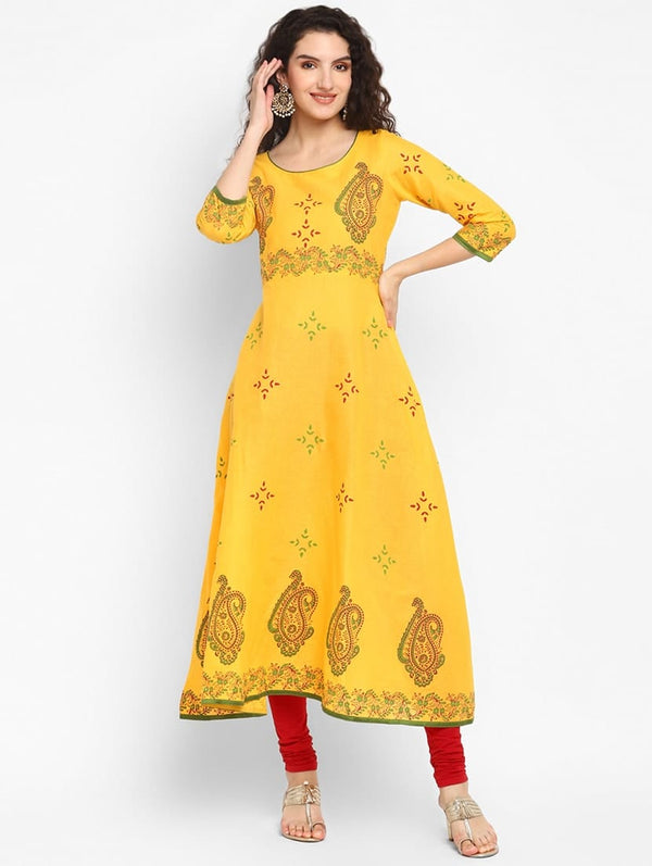 Women's Yellow Cotton Printed Anarkali Kurti - Taantav