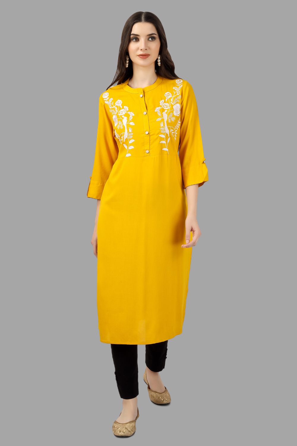 Women's Yellow Rayon Chicken Embroidered Straight Kurta - House Of Rp