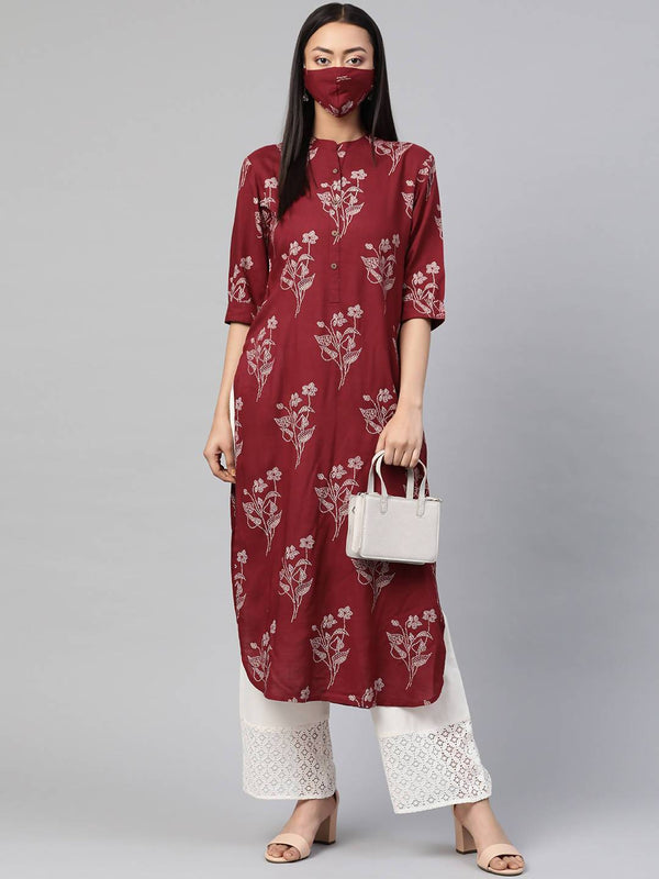 Buy_Women's_Maroon_Rayon_Slub_Bandhani_Straight_Kurta_With_Mask_Online_Indiakreations