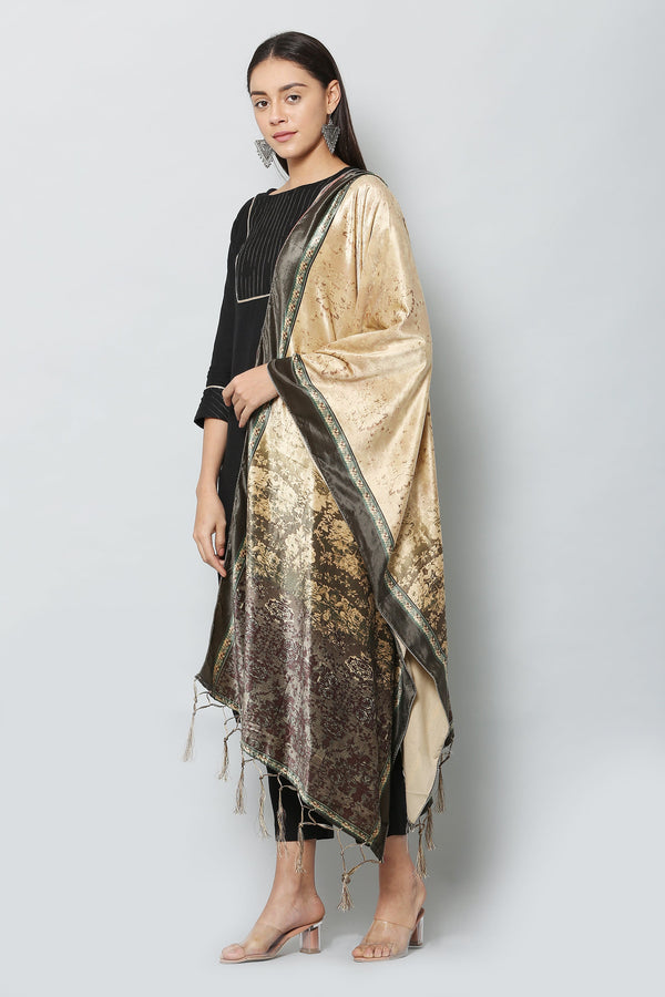 Women's Black & Beige Color Polyster Velvet  Digital Printed Dupatta - VAABA