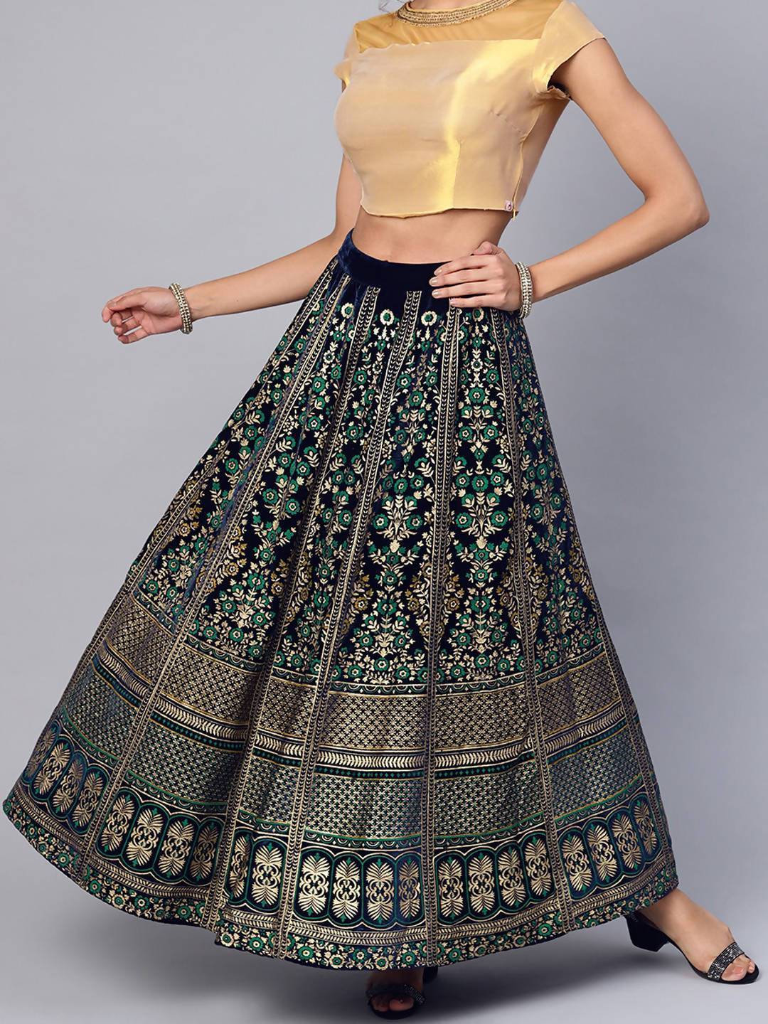 Women's Navy Velvet Foil Print Kalidar Skirt - Juniper