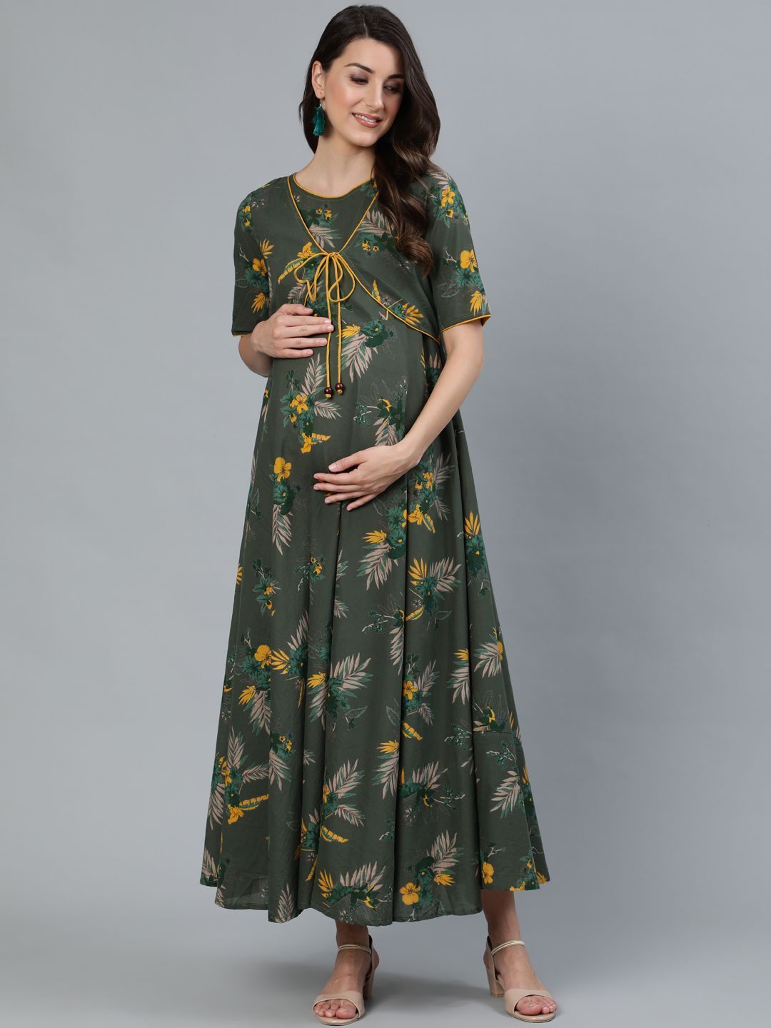 Women's Green & Yellow Printed Maternity Maxi - AKS