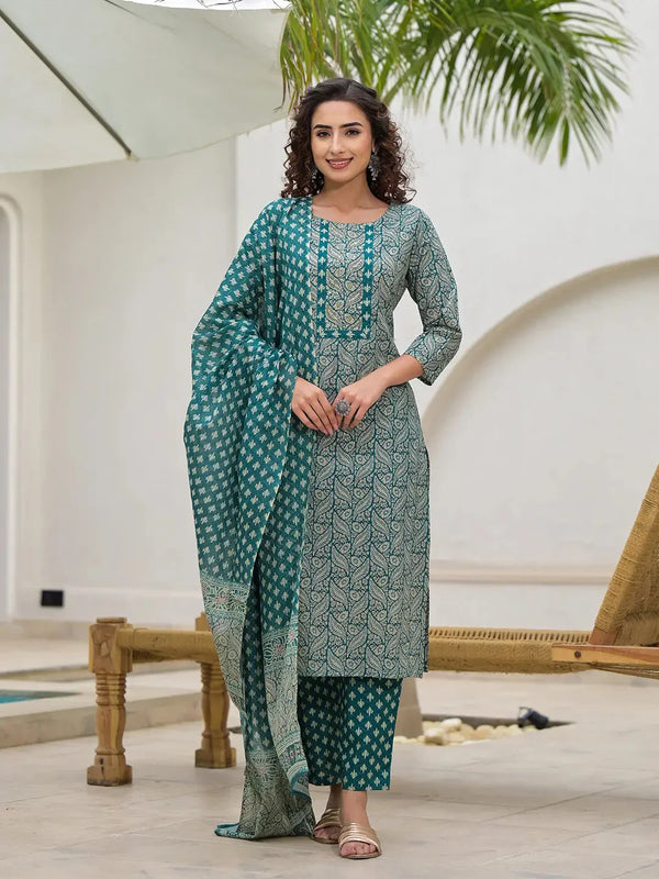 Indiakreations Embroidered Printed Teal Green Cotton Kurta Set With Dupatta Set-Indiakreations-JS6880SKDTGS