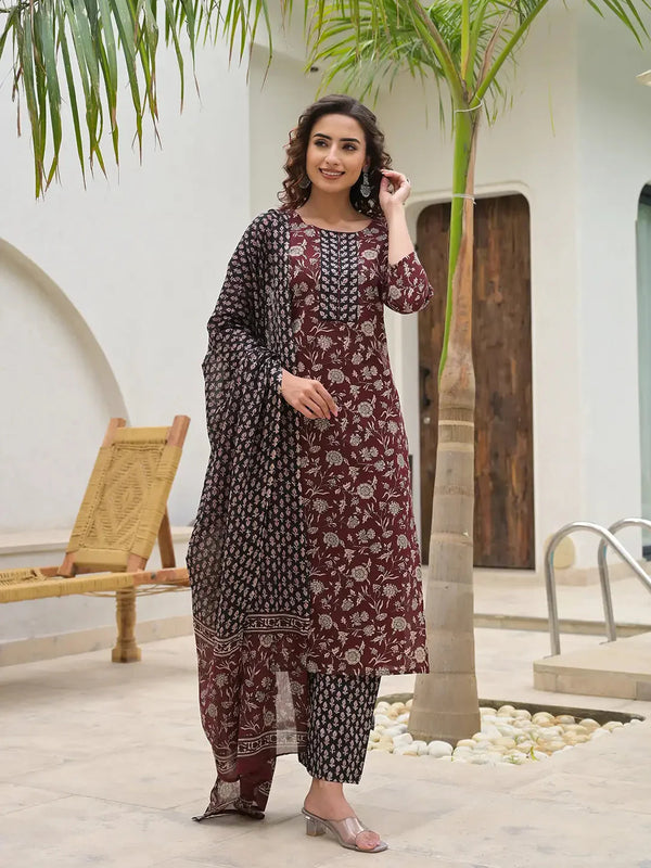 Indiakreations Piping On Yoke Floral Print Maroon Cotton Kurta Set With Dupatta Set-Indiakreations-JS6881SKDMRS