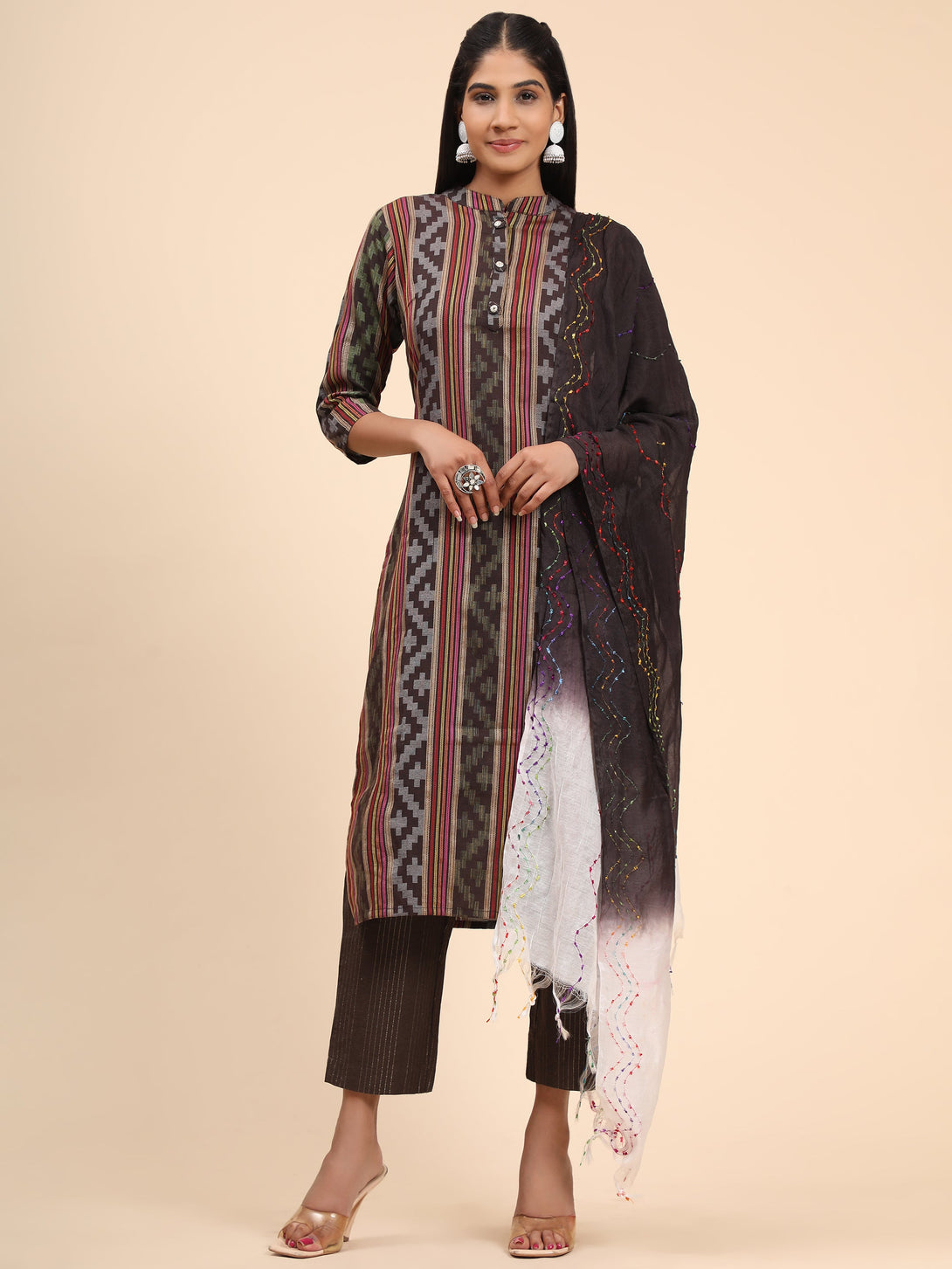 Women's Printed Straight Cotton Blend Brown Stitched Kurta Pant With Dupatta - Vbuyz