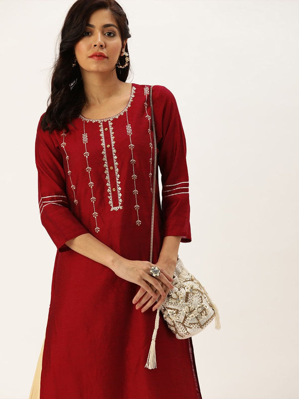 Women's Red & Silver-Toned Embroidered Straight Kurta - Varanga