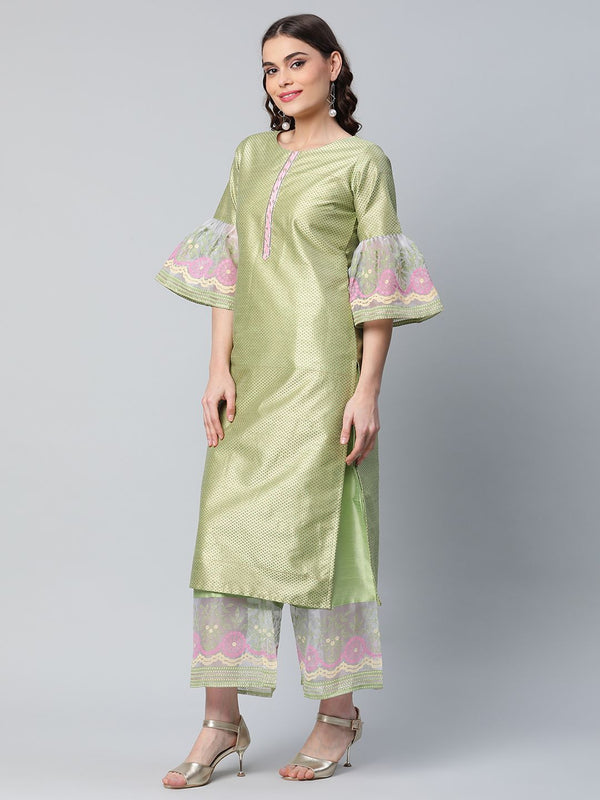 Light Green Poly Silk Gold Printed Kurta Palazzo Set