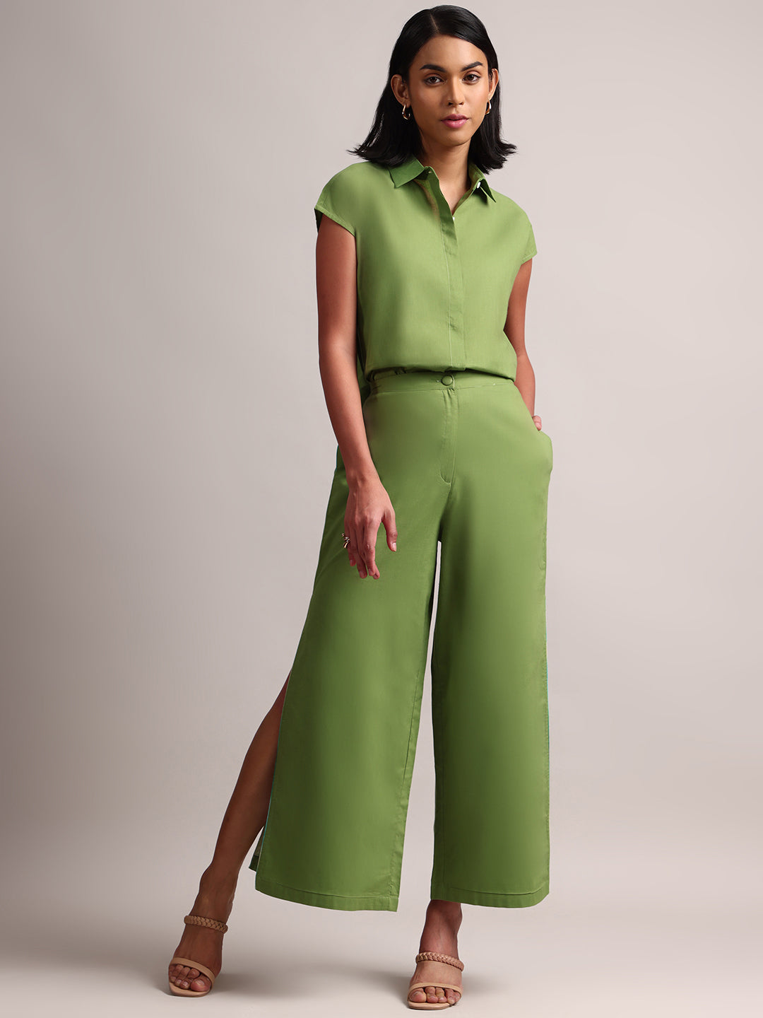 Women's Green Cambric Solid Co-Ord Sets - Zaccai