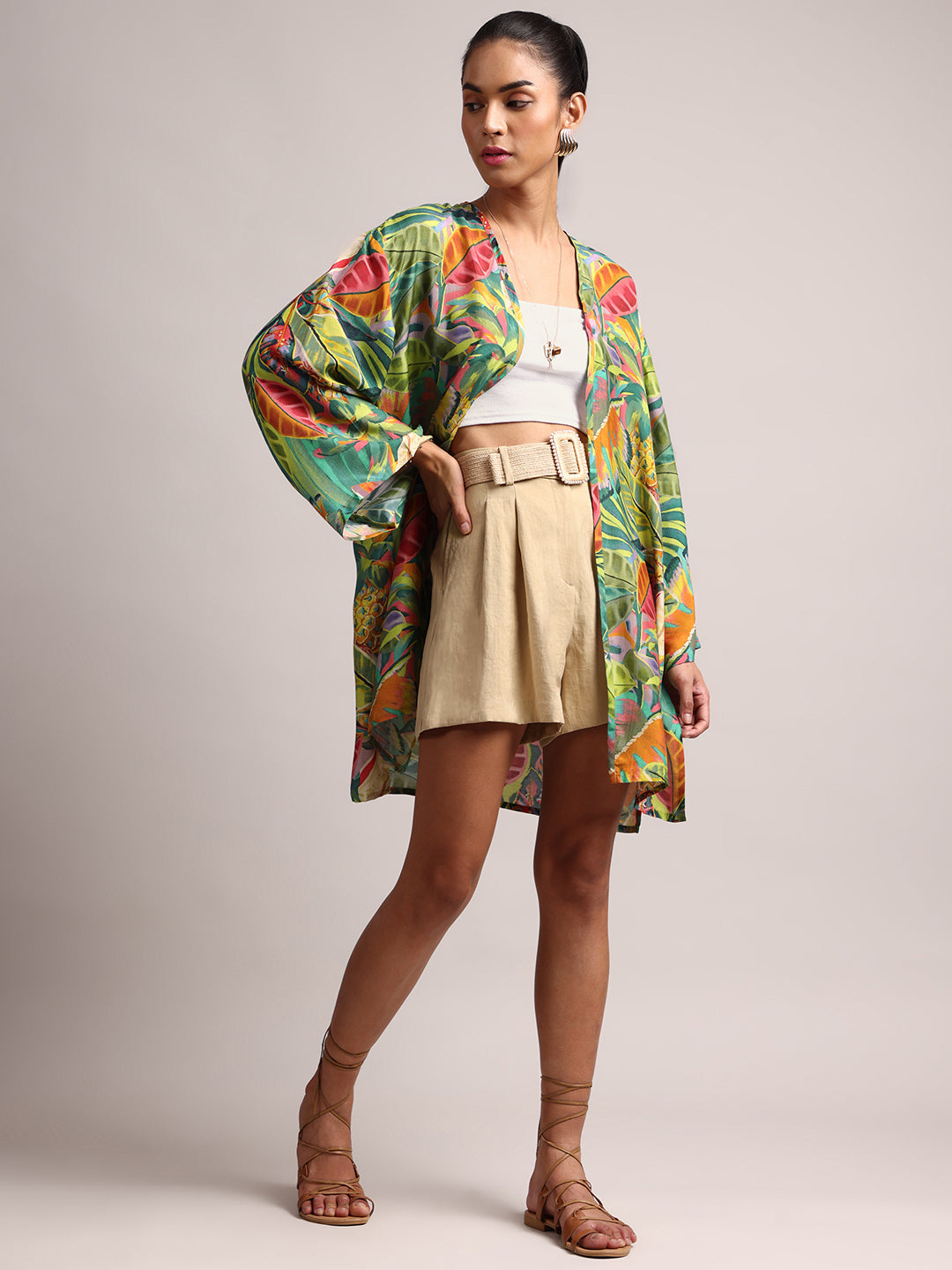 Women's Green Muslin Tropical Shrug - Zaccai