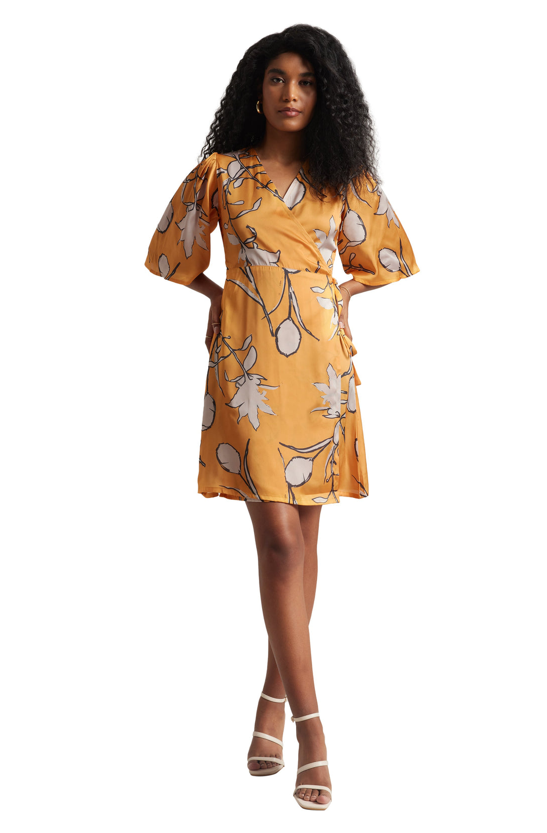 Women's Mustard Satin Floral Dress - Zaccai