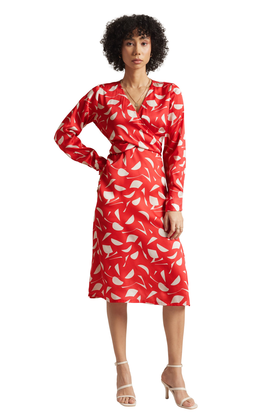 Women's Red Satin Abstract Midi Dress - Zaccai