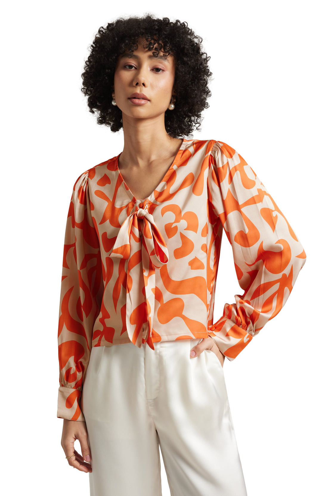 Women's Orange Satin Abstract Top - Zaccai