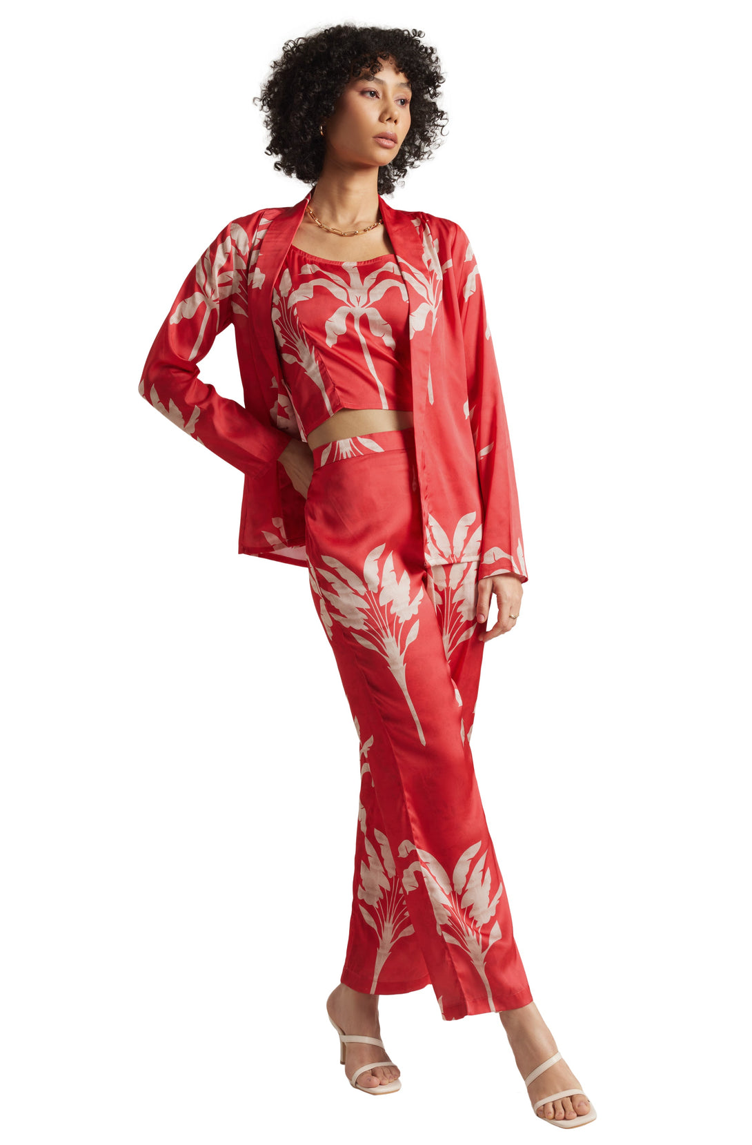 Women's Red Satin Printed Co-Ord Set - Zaccai