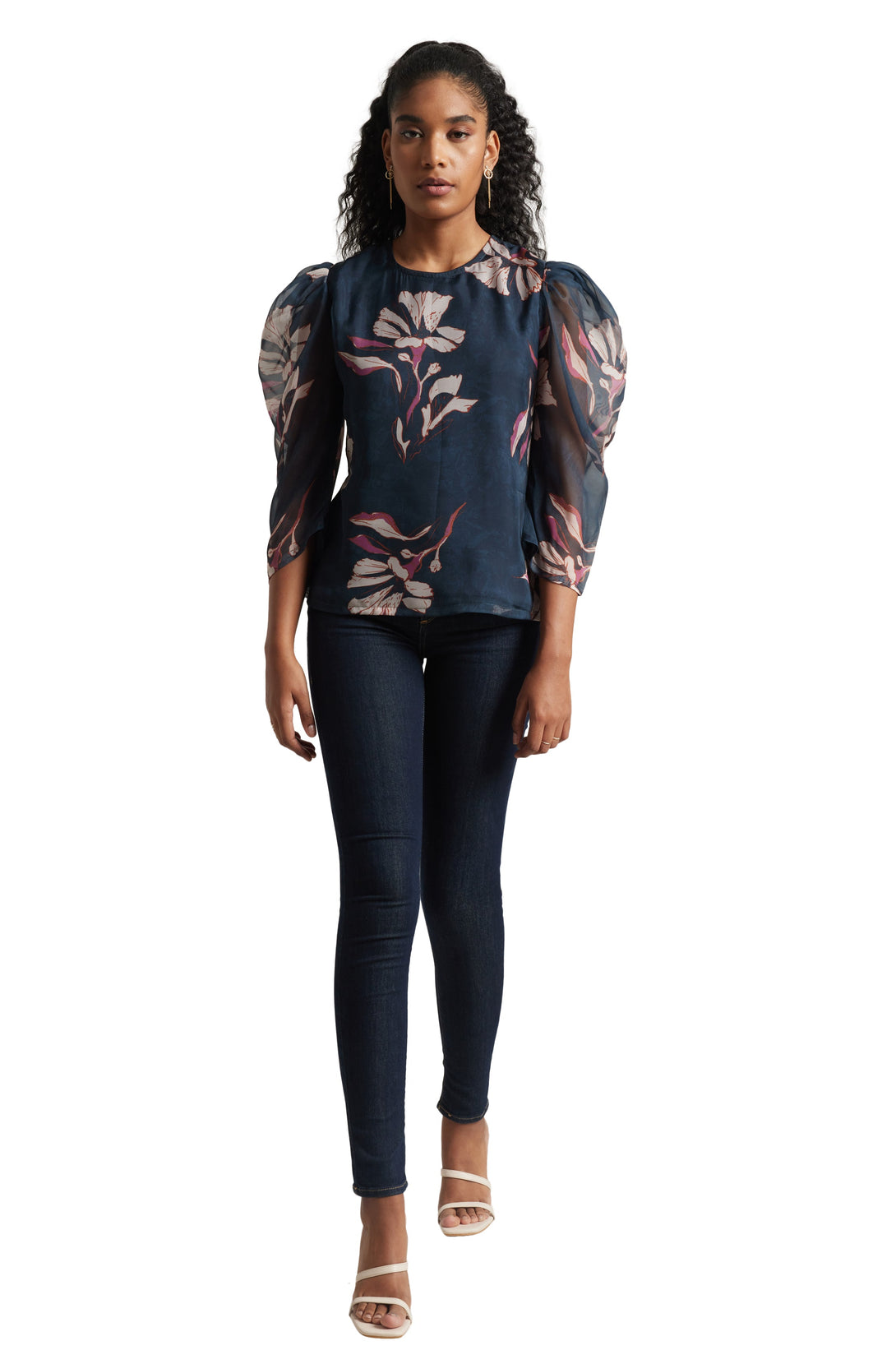 Women's Navy Blue Organza Floral Top - Zaccai