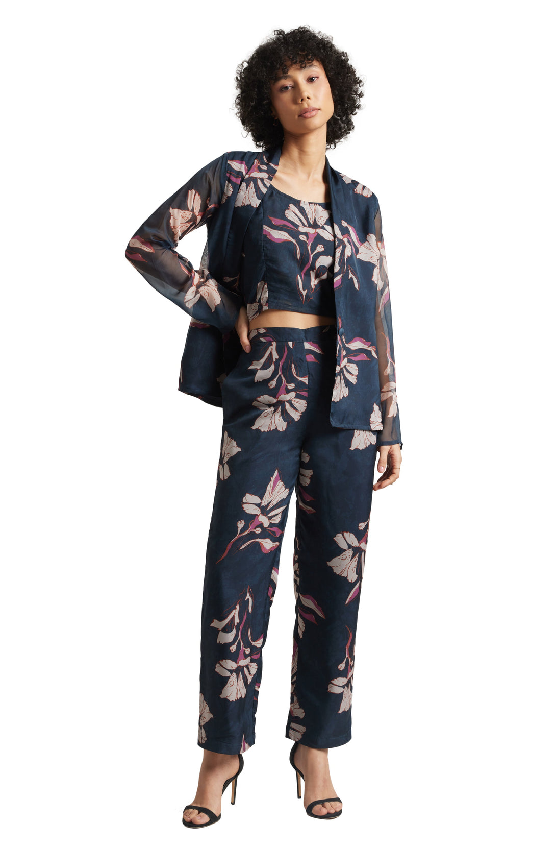 Women's Navy Organza Floral Co-Ord Set - Zaccai