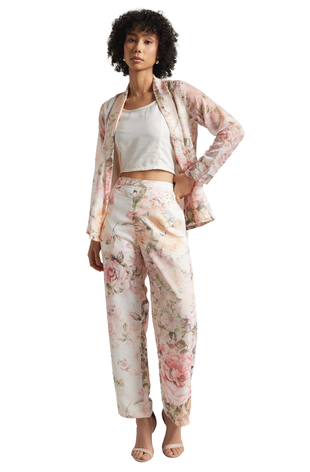 Women's Beige Organza Floral Co-Ord Set - Zaccai