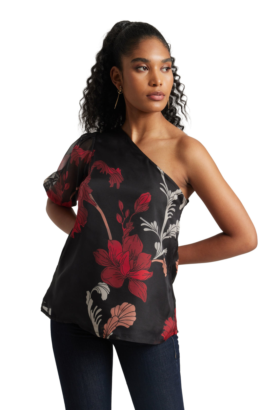 Women's Black Organza Floral Top - Zaccai