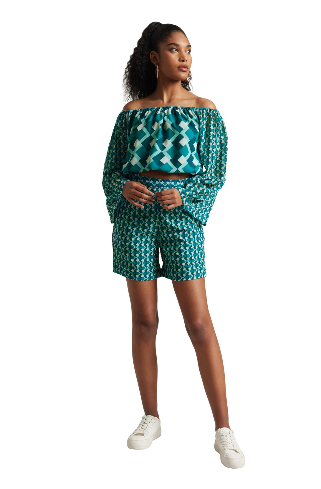 Women's Teal Georgette Geometric Co-Ord Set - Zaccai