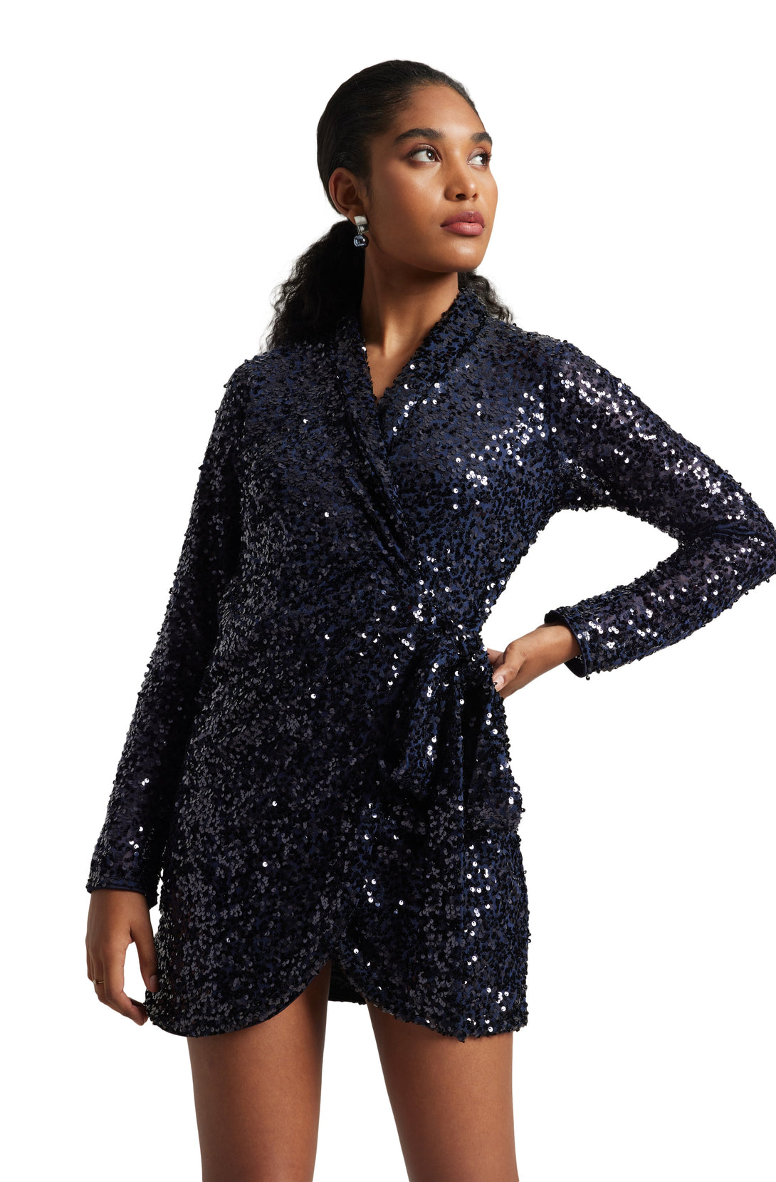 Women's Navy Blue Poly Elastane Sequined Dress - Zaccai