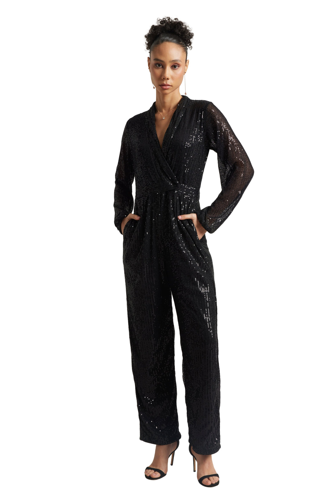 Women's Black Poly Elastane Sequined Jumpsuit - Zaccai