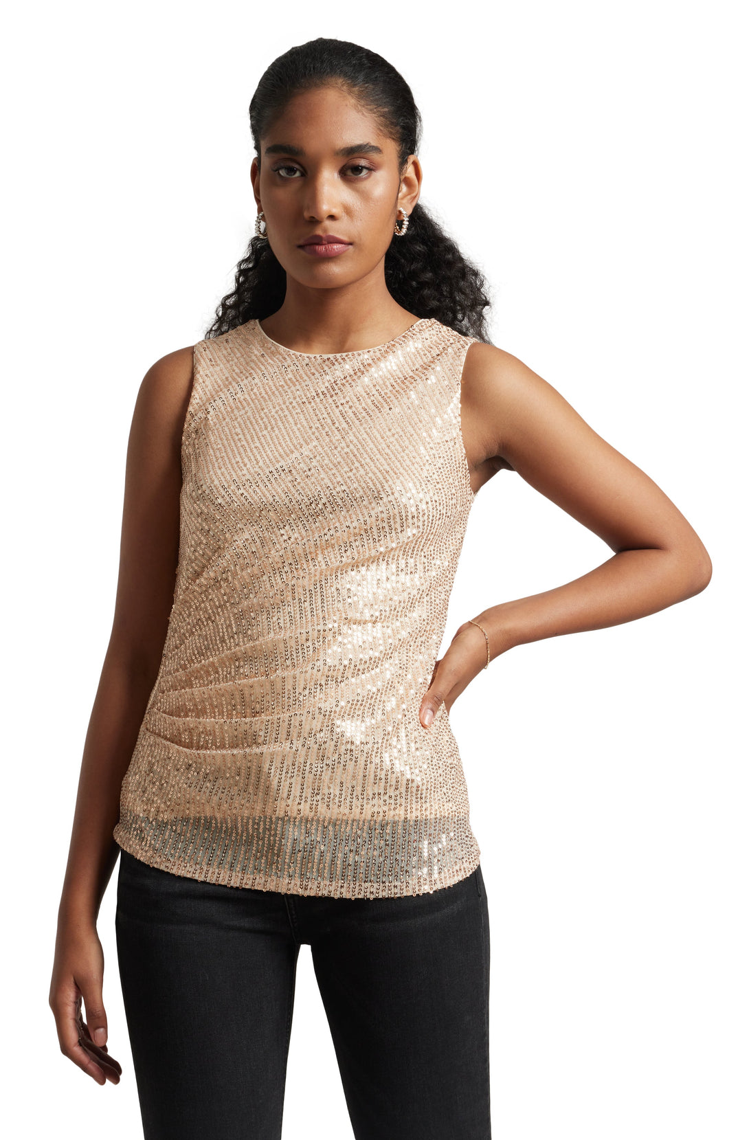 Women's Champagne Poly Elastane Sequined Top - Zaccai