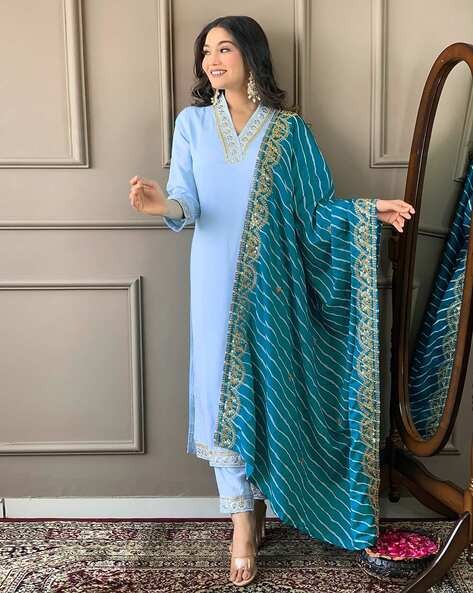 Women's Sky Blue Cotton Blend Print With Embroidery Lace Kurta Set - Manohara