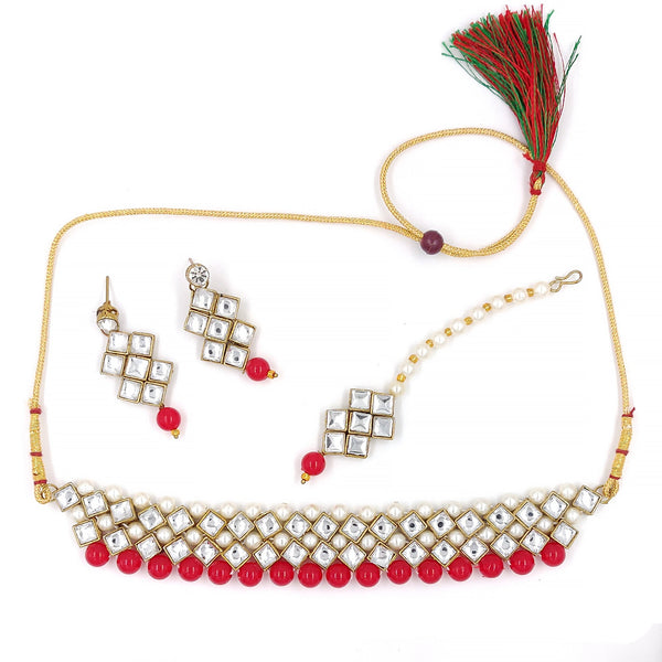 Women's Stylish Kundan And Red Choker Set  - Zaffre Collections