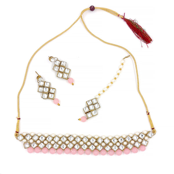 Women's Stylish Kundan And Pink Choker Set  - Zaffre Collections