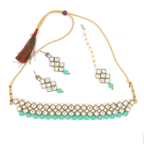 Women's Stylish Kundan And Sea Green Choker Set  - Zaffre Collections