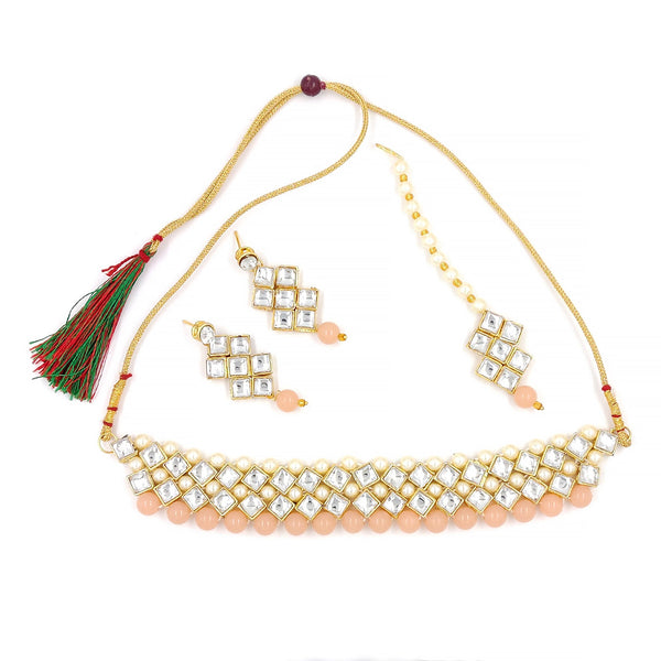 Women's Stylish Kundan And Peach Choker Set  - Zaffre Collections