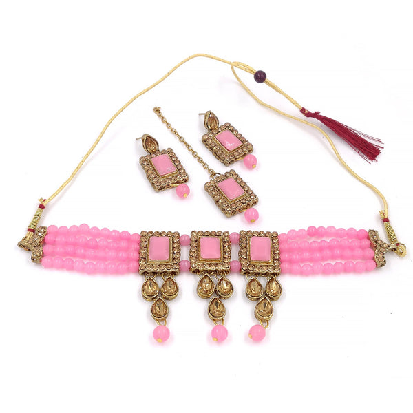 Women's Multistrand Pink Beads And Stones Traditional Choker Necklace & Maang Tikka  - Zaffre Collections