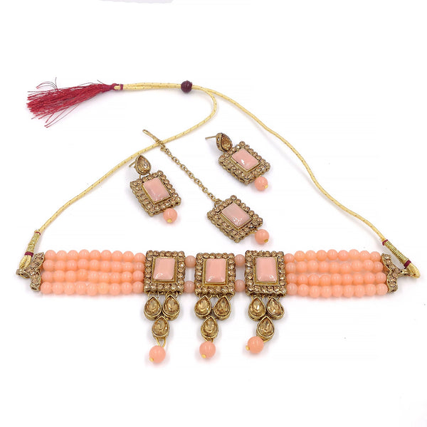 Women's Multistrand Peach Beads And Stones Traditional Choker Necklace & Maang Tikka  - Zaffre Collections