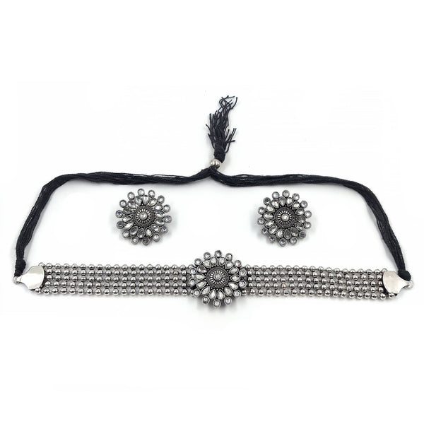 Women's Multistrand Oxidised Silver Choker Pendnat Set  - Zaffre Collections