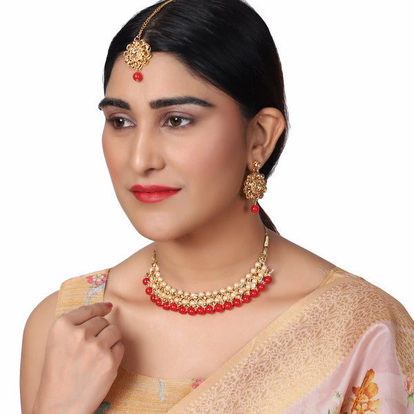 Women's Trending Red Choker Set With Maang Tikka  - Zaffre Collections