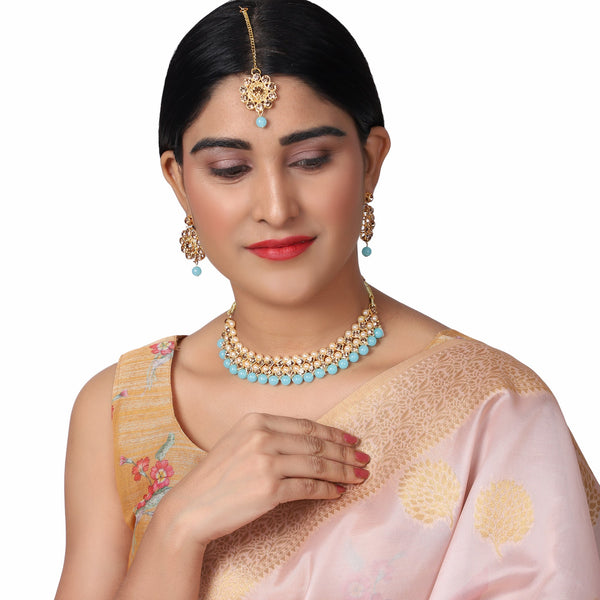 Women's Trending Light Blue Choker Set With Maang Tikka  - Zaffre Collections