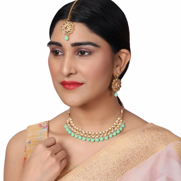 Women's Trending Mint Choker Set With Maang Tikka  - Zaffre Collections